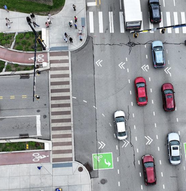 Aerial view of traffic in Oakland.